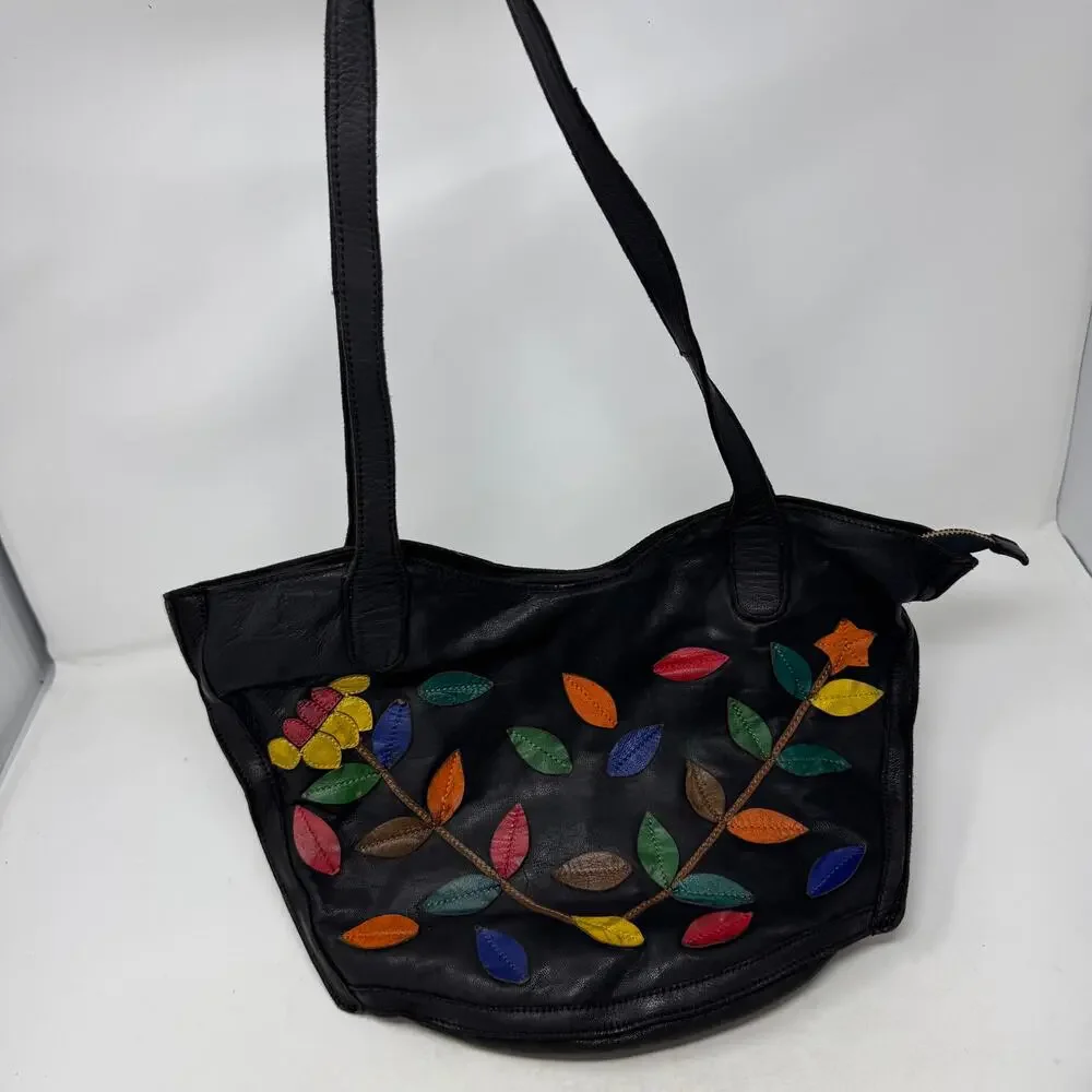 Belleza Mandova Black Leather Shoulder Bag Multicolor Leaf‎ Appliqué